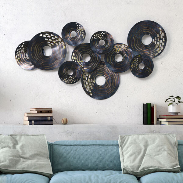 Blue and Gold Flan Hand Painted Etched Metal Wall Sculpture, image 4
