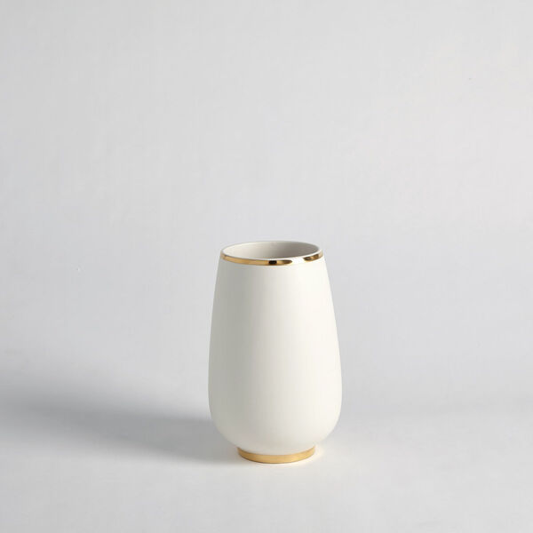 Gold Rim and White 6-Inch Bulb Vase, image 1
