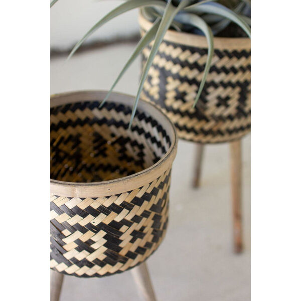 Black and Natural Woven Plant Stand with Wood Leg, Set of Two, image 2