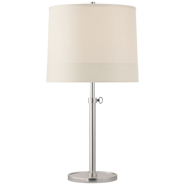 Simple Adjustable Table Lamp in Soft Silver with Silk Banded Shade by Barbara Barry, image 1