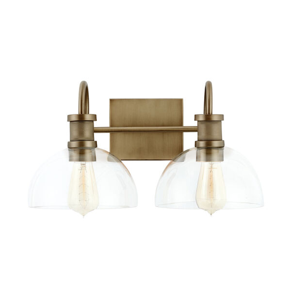 Aged Brass Two-Light Bath Vanity with Clear Glass, image 1