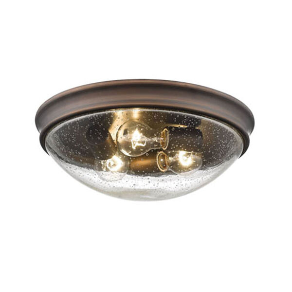 Rubbed Bronze Three-Light Flush Mount with Clear Seeded Glass, image 1