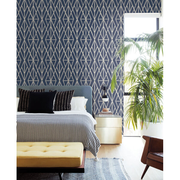 Waters Edge Navy Riviera Bamboo Trellis Pre Pasted Wallpaper, image 1