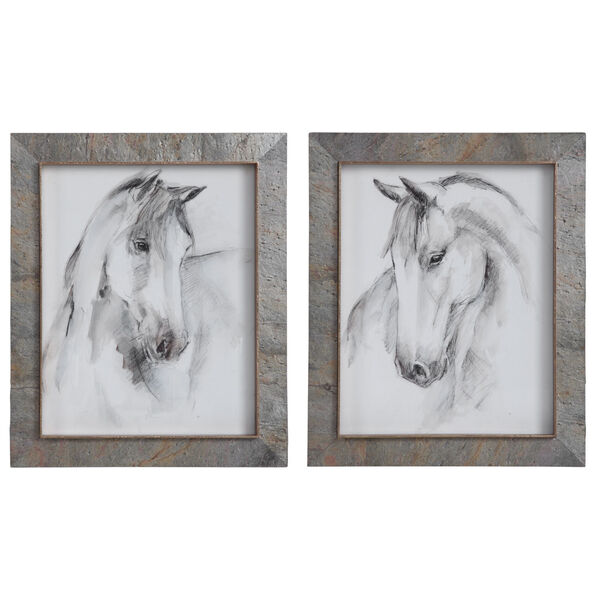 Equestrian Watercolor White, Gray, and Taupe Framed Prints, Set of 2, image 1