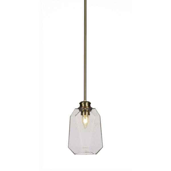 Rocklin New Age Brass One-Light 10-Inch Stem Hung Mini Pendant with Clear Bubble Glass, image 1