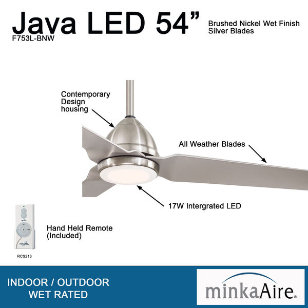 Java Brushed Nickel 54-Inch One-Light Outdoor LED Fan, image 3