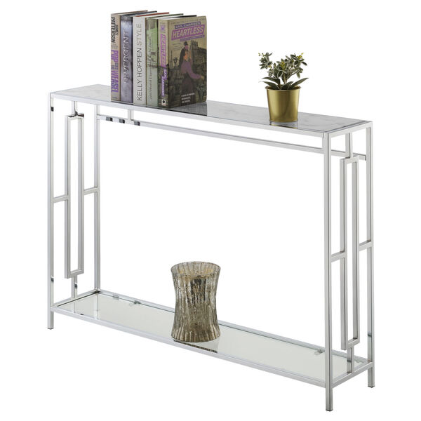 Town Square White Faux Marble and Chrome Console Table with Shelf, image 3