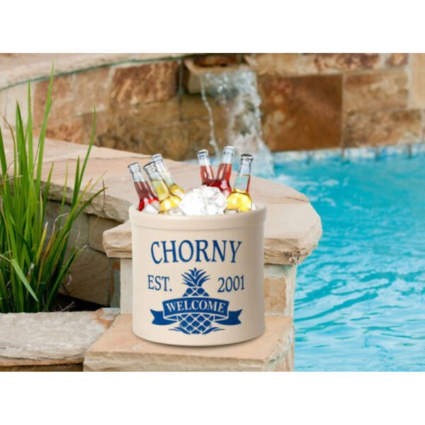 Personalized Pineapple Two Gallon Stoneware Crock with Blue Engraving, image 3