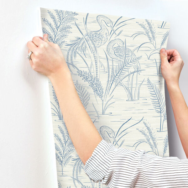 Grandmillennial Blue Fernwater Cranes Pre Pasted Wallpaper - SAMPLE SWATCH ONLY, image 3