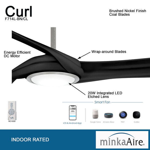 Curl Brushed Nickel Coal 60-Inch Smart LED Ceiling Fan, image 3