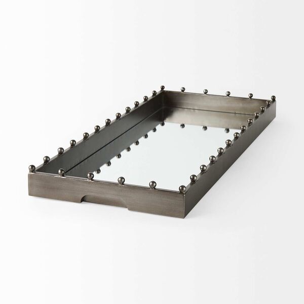 Elio Gunmetal Gray Mirrored Bottom Rectangle Tray with Studs, image 4