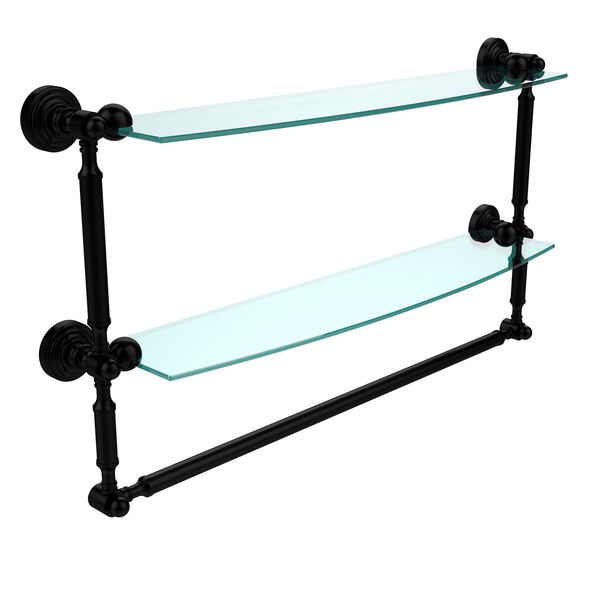 Waverly Place Collection 24 Inch Two Tiered Glass Shelf with Integrated Towel Bar, Matte Black, image 1
