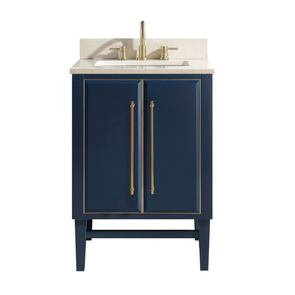 Navy Blue 25-Inch Bath vanity Set with Gold Trim and Crema Marfil Marble Top, image 1