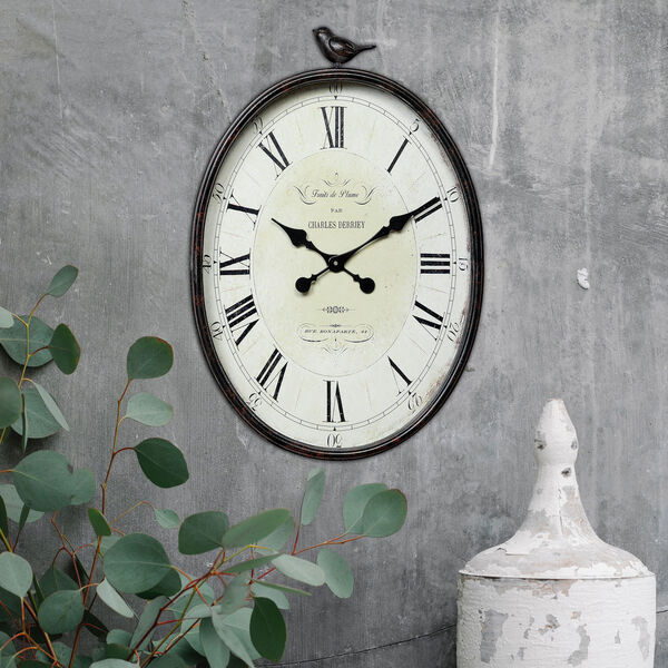 Bronze Metal Wall Clock with Bird, image 3