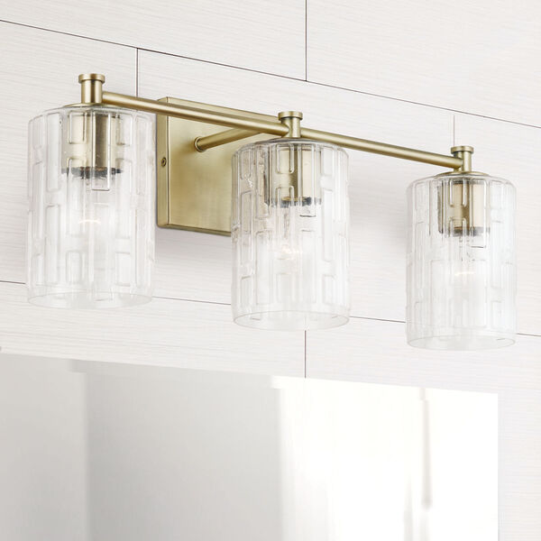 Aged Brass Three-Light Bath Vanity with Clear Embossed Glass, image 2
