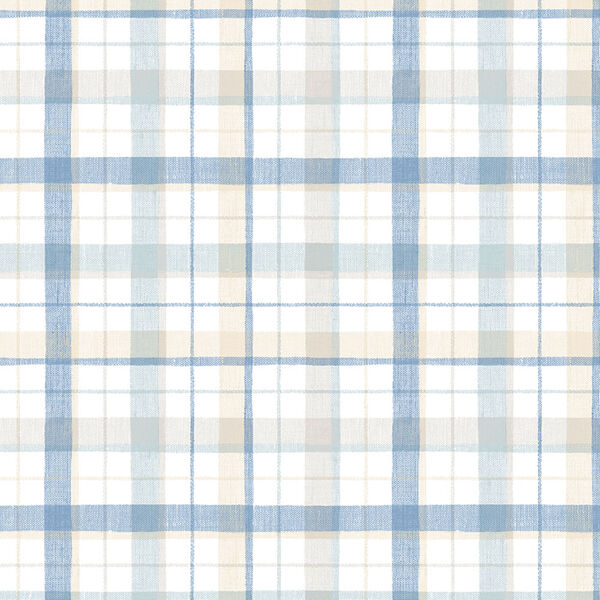 Blue and Beige Linen Plaid Wallpaper - SAMPLE SWATCH ONLY, image 1