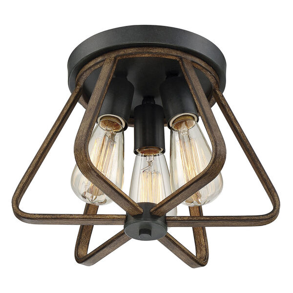 River Station Weathered Wood with Copper Gold Three-Light Flush Mount, image 2