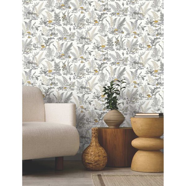Mushroom Garden Toile Neutral Gold Wallpaper, image 3