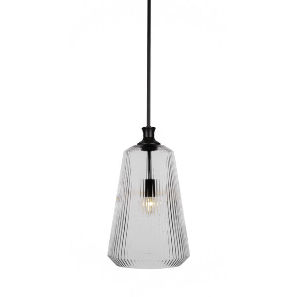 Carina Matte Black One-Light 18-Inch Stem Hung Pendant with Clear Ribbed Glass, image 1