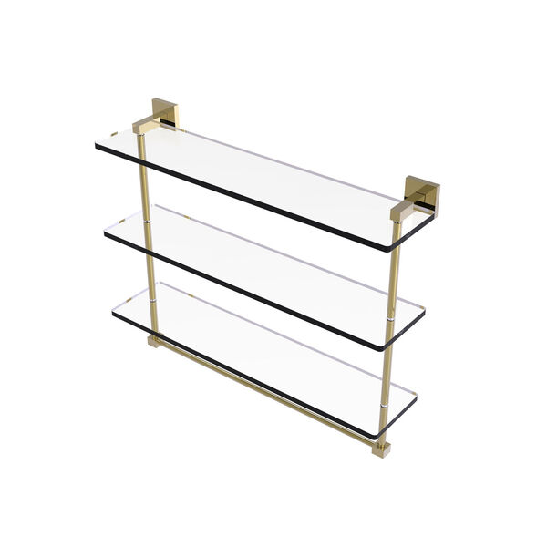 Montero Unlacquered Brass 22-Inch Triple Tiered Glass Shelf with Integrated Towel Bar, image 1