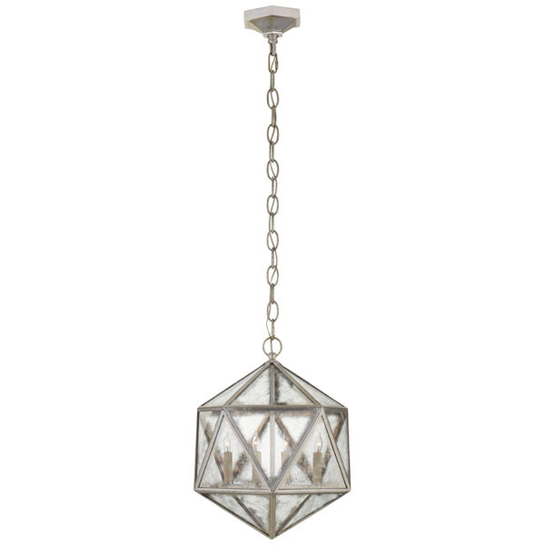 Zeno Medium 18 Facet Hedron Lantern in Burnished Silver Leaf with Antique Mirror by Chapman and Myers, image 1