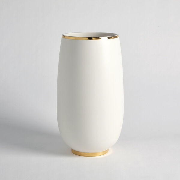 Gold Rim and White 9-Inch Bulb Vase, image 1