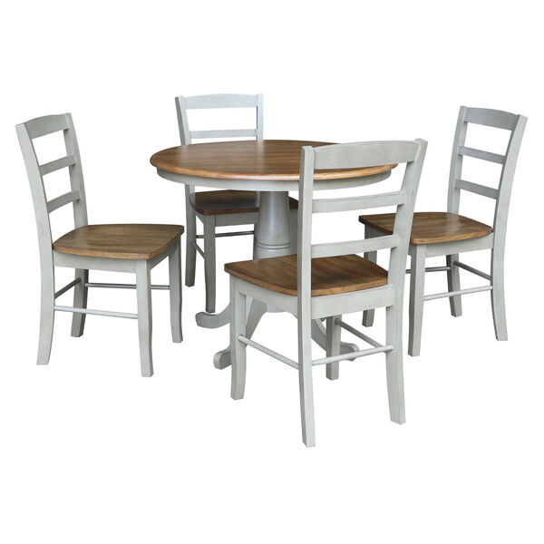 Distressed Hickory and Stone 36-Inch Round Top Pedestal Dining Table with Four Ladderback Chair, Five-Piece, image 2
