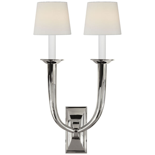 French Deco Horn Double Sconce in Polished Nickel with Linen Shades by Studio VC, image 1