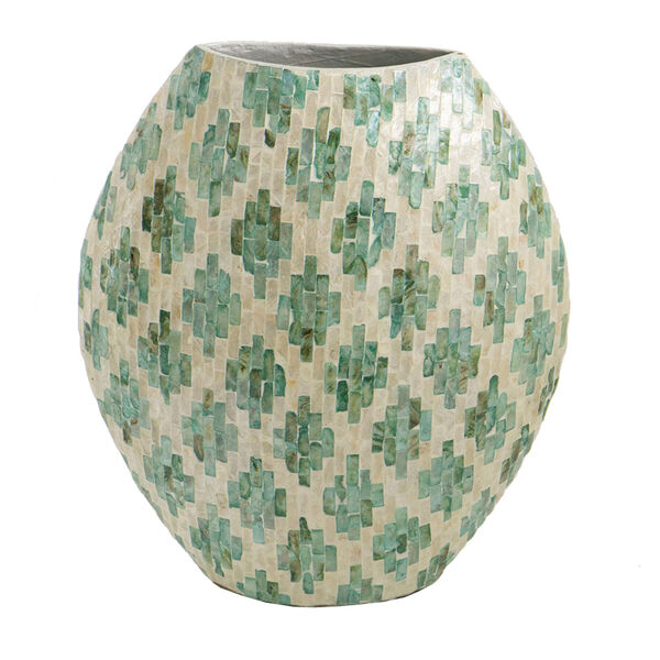 Green and Tan 18-Inch Diamond Pattern Capiz Vase, image 1