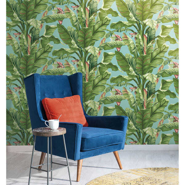 Ashford House Tropics Aqua and Green Banana Leaf Wallpaper, image 2