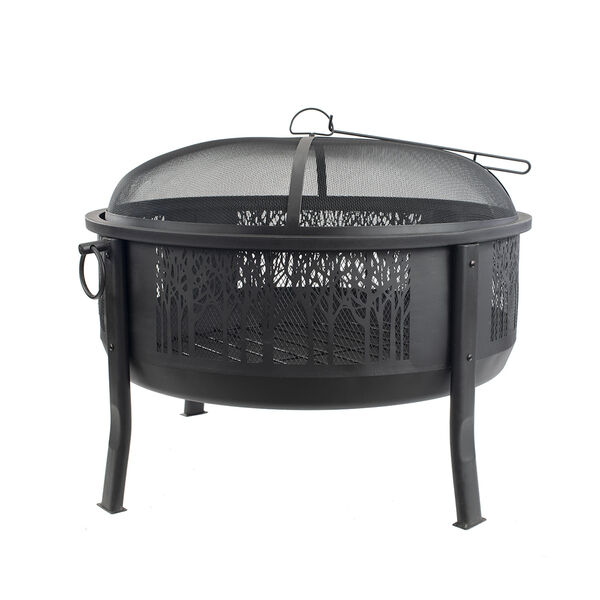 Black 33-Inch Round Barrel Fire Pit with Decorative Mesh Center, image 1