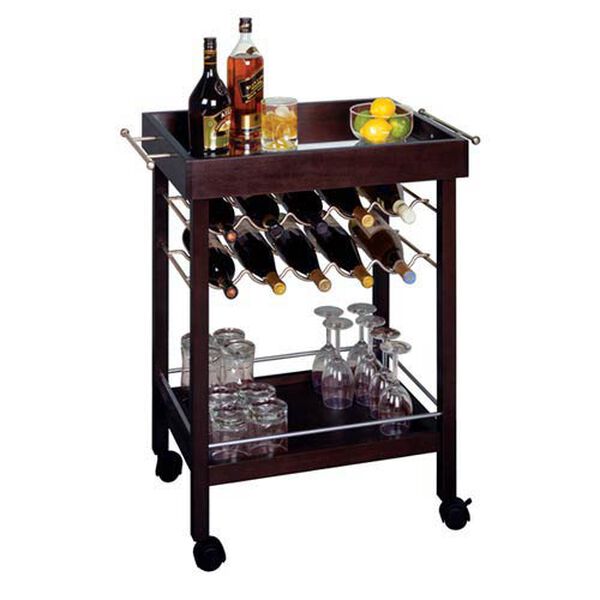 Espresso Wine Cart with Mirrored Top, image 1
