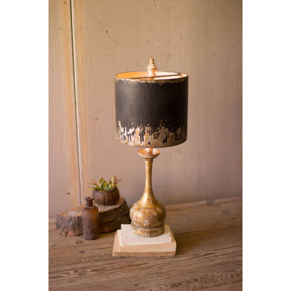 Rustic and Antique Gold One-Light Round Wooden Base Table Lamp, image 1