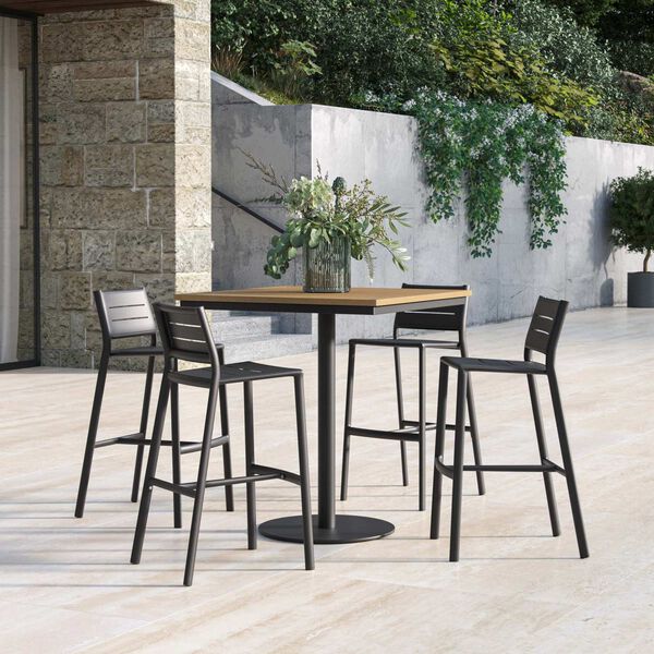 Eilad and Travira Brown Black Five-Piece Square Bar Table and Aluminum Bar Stools Set, image 1