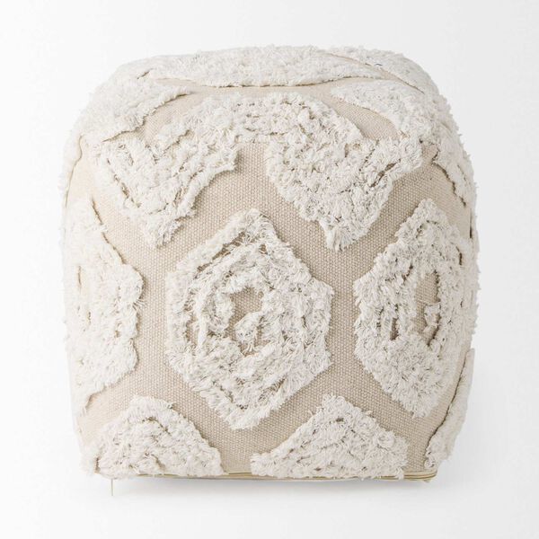 Ekanta Cream and Beige Patterned Cotton Pouf, image 2