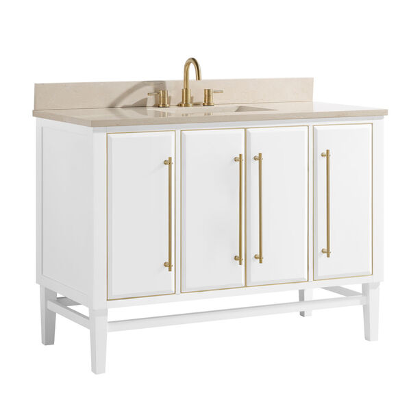 White 49-Inch Bath vanity Set with Gold Trim and Crema Marfil Marble Top, image 2