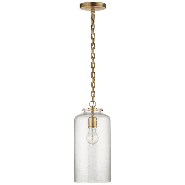 Katie Cylinder Pendant in Hand-Rubbed Antique Brass with Seeded Glass by Thomas O'Brien, image 1
