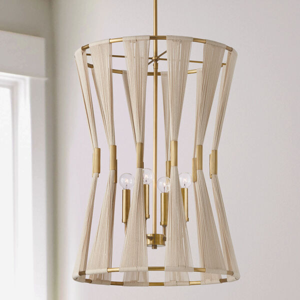 Bianca Bleached Natural Rope and Patinaed Brass Four-Light Pinch Pleat Gathered Tapered String Foyer, image 2