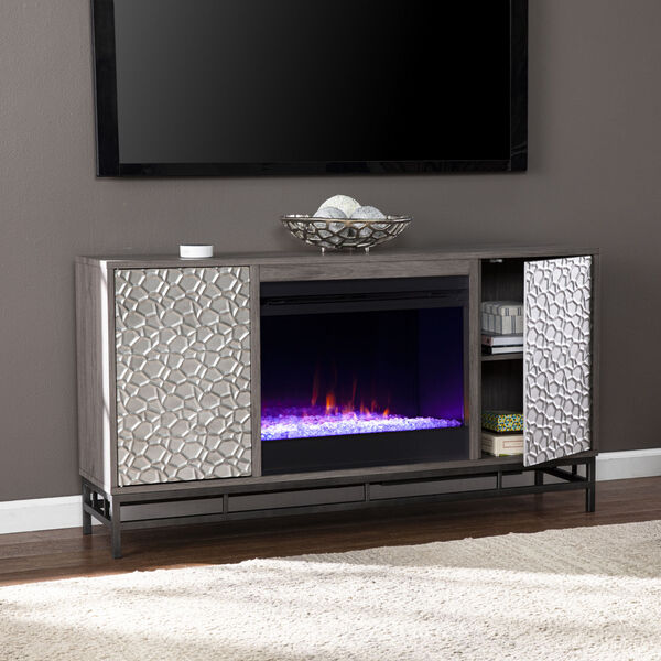 Hollesborne Gray and gunmetal gray Color Changing Fireplace with Media Storage, image 1