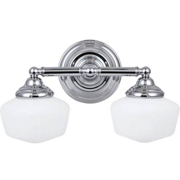 Russell Chrome Two-Light Wall Mounted Bath Fixture with Satin White Schoolhouse Glass, image 1