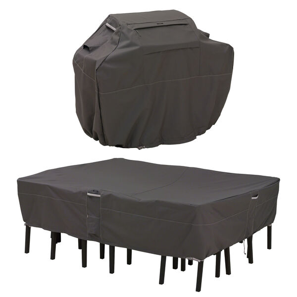 Maple Dark Taupe 64-Inch BBQ Grill Cover and 108-Inch Rectangular Oval Patio Table and Chair Set Cover, image 1