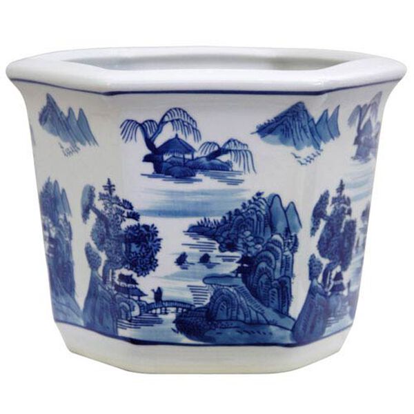 10 Inch Porcelain Flower Pot Blue and White Landscape, image 1