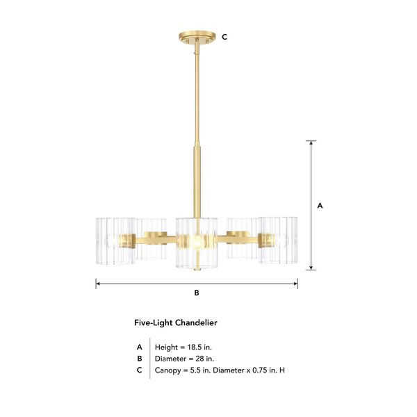 Aries Brushed Gold Five-Light Chandelier with Ribbed Glass Shades, image 5
