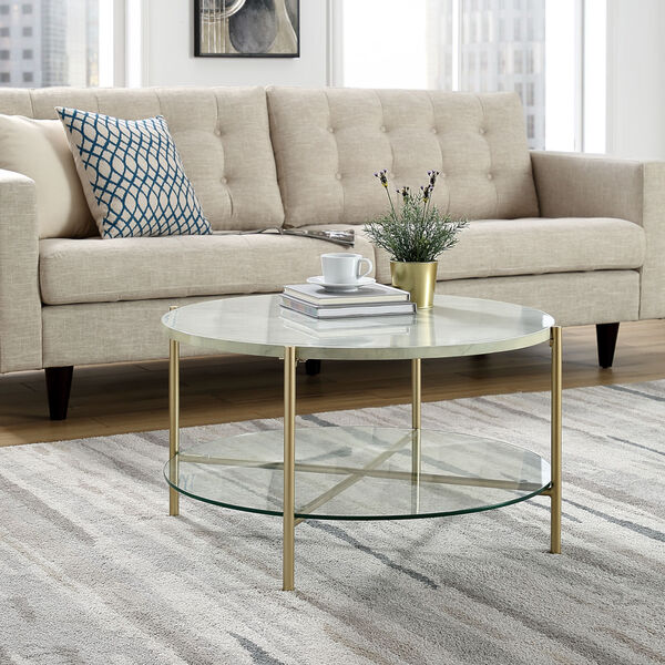 Glass Shelf, Gold Legs Round Coffee Table with White Marble Top, image 1
