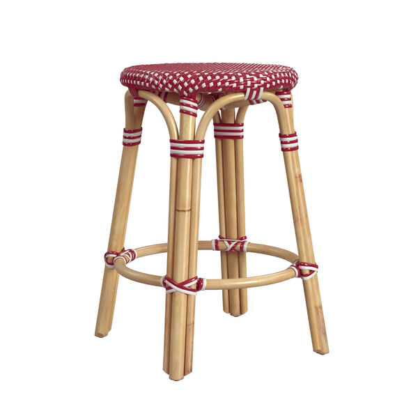 Tobias Red and White Dot on Natural Rattan Counter Stool, image 1