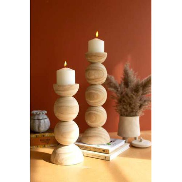 Rattan Wood Hand Carved Wooden Stacked Ball Candle Holders, Set of Two, image 1