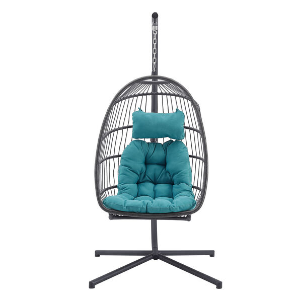 Gray and Teal Outdoor Swing Egg Chair with Stand, image 3