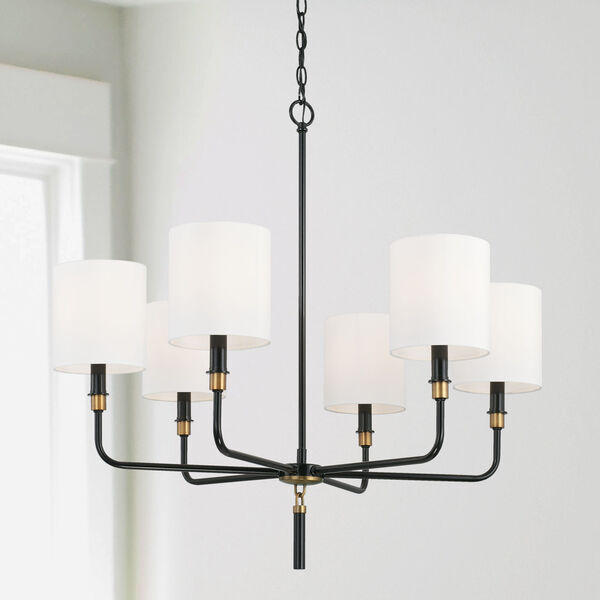 Beckham Glossy Black and Aged Brass Six-Light Chandelier with White Fabric Stay Straight Shades, image 2