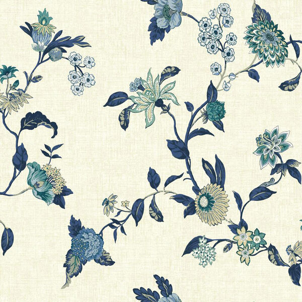 Waverly Global Chic Cream and Blue Graceful Garden Trail Wallpaper: Sample Swatch Only, image 1