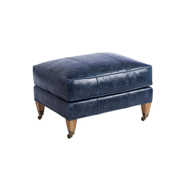 Upholstery Blue Sydney Leather Ottoman With Brass Caster, image 1